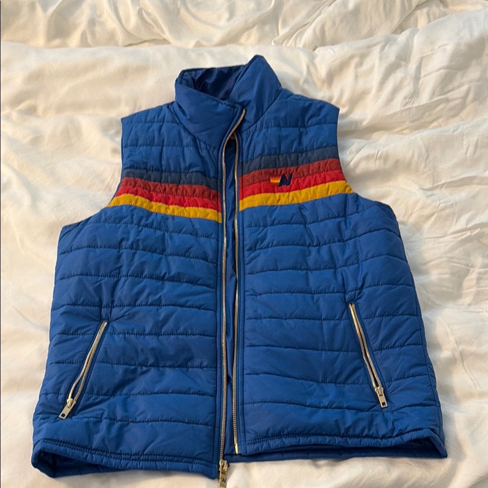 Aviator Nation Blue Quilted Puffer Vest with Red, Yellow & Navy Stripe like new